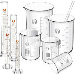 juego de vasos medidores de vidrio y cilindro de medicion  (5 vasos 4 cilindros y un agitador)