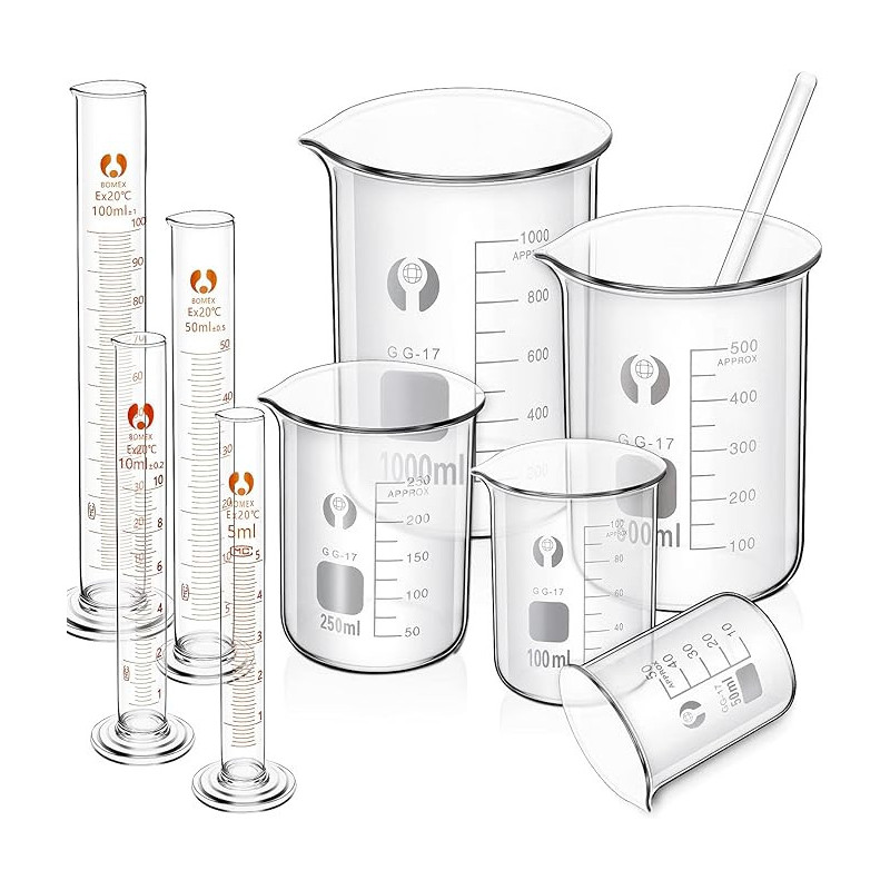 juego de vasos medidores de vidrio y cilindro de medicion  (5 vasos 4 cilindros y un agitador)