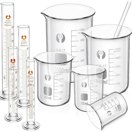 juego de vasos medidores de vidrio y cilindro de medicion  (5 vasos 4 cilindros y un agitador)